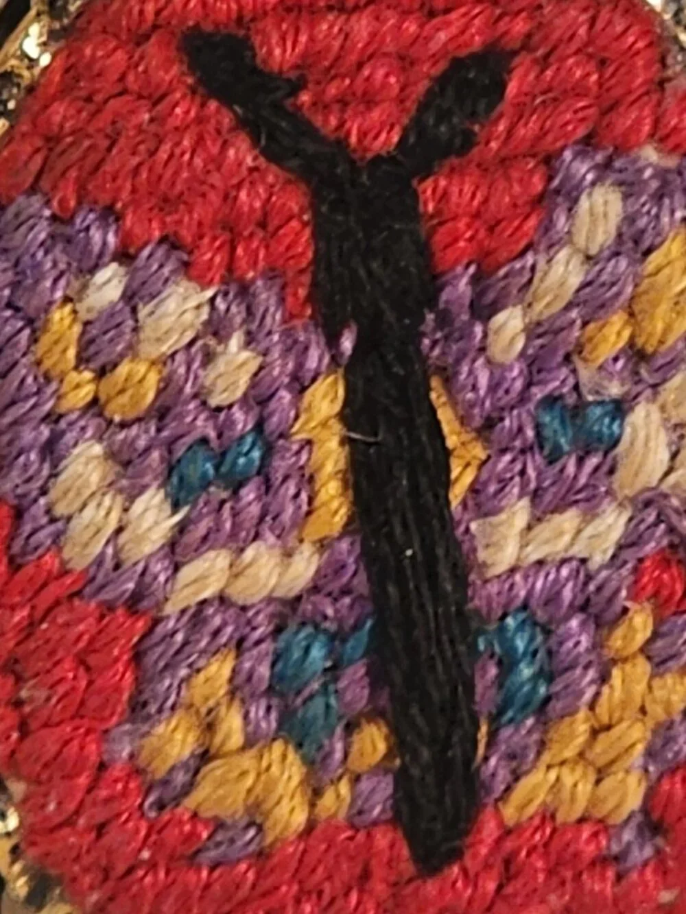 VINTAGE Brooch Featuring Colorful Embroidered Butterfly Set in Gold-Tone Wreath